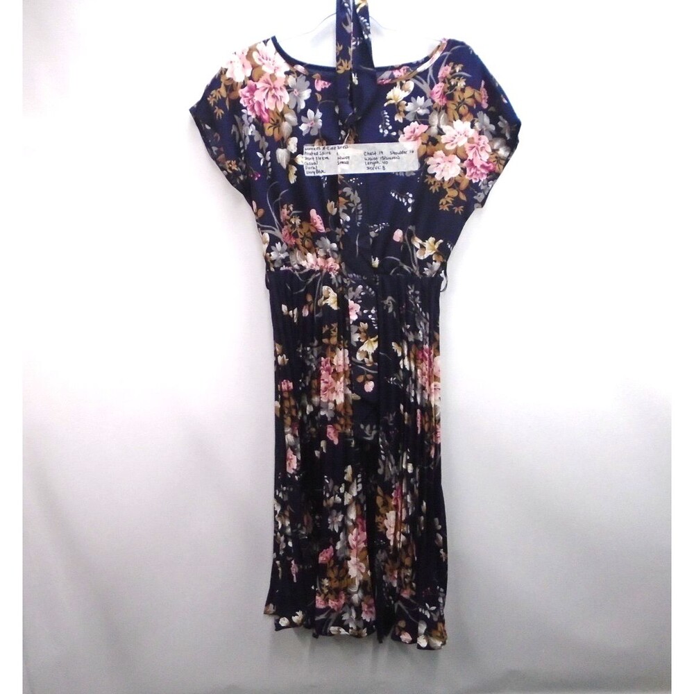 Women's Floral Print A-Line Dress Size S Short Sleeve Navy Blue With Belt - Picture 2 of 9